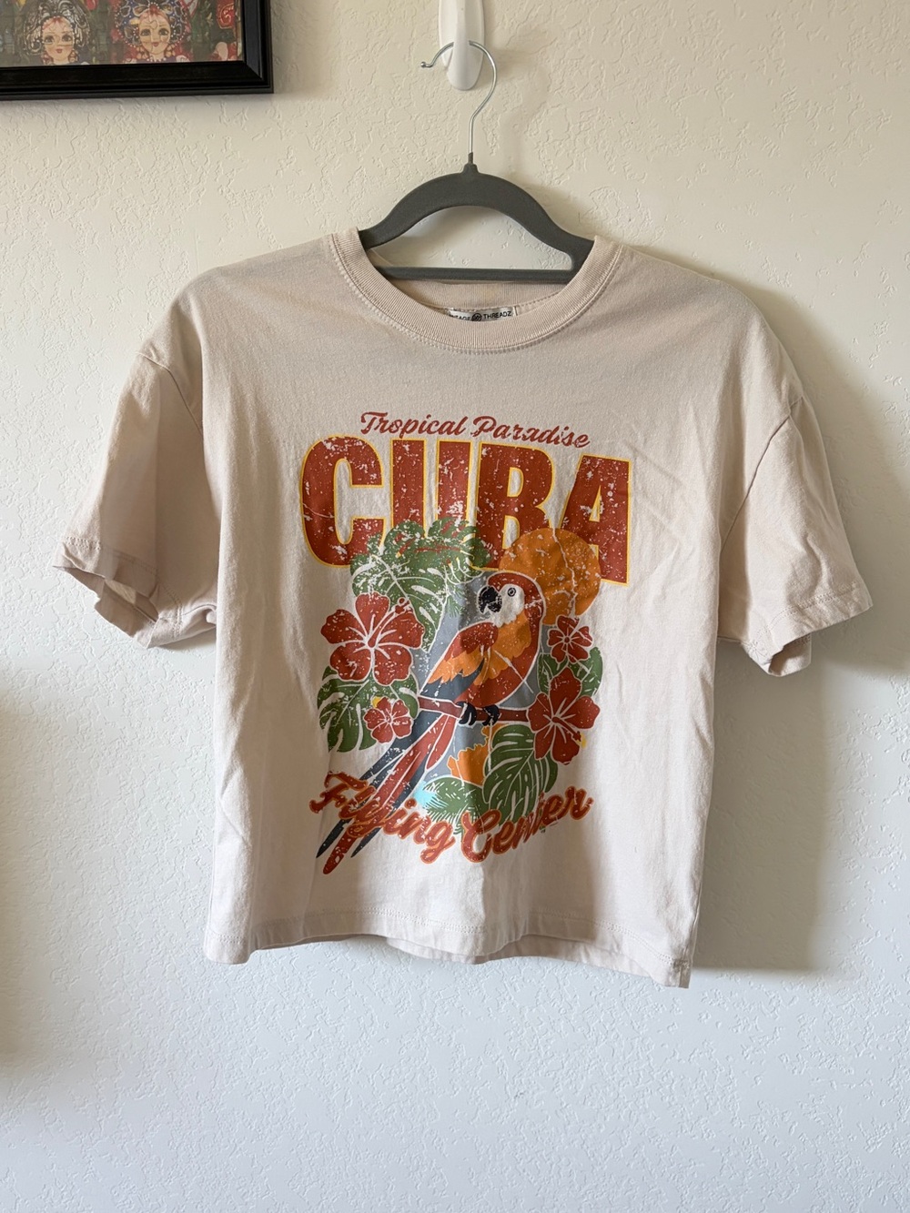 CUBA TROPICAL PARROT GRAPHIC BABY TEE CROPPED BOXY CREAM Y2K BEACH XS